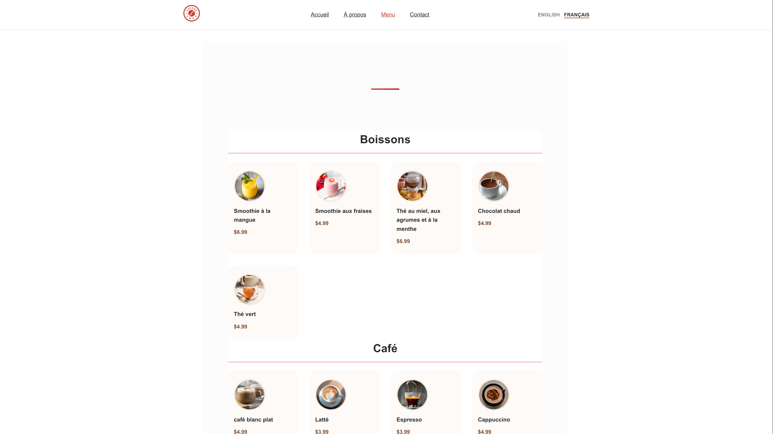 Apercu du projet cafe WordPress